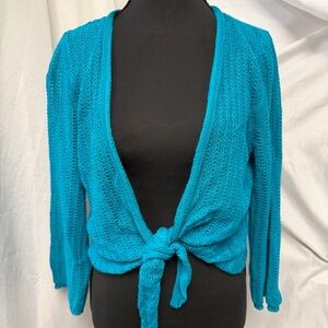 Cable & Gauge Knit Front Tie Cardigan Teal Open-Knit Sweater